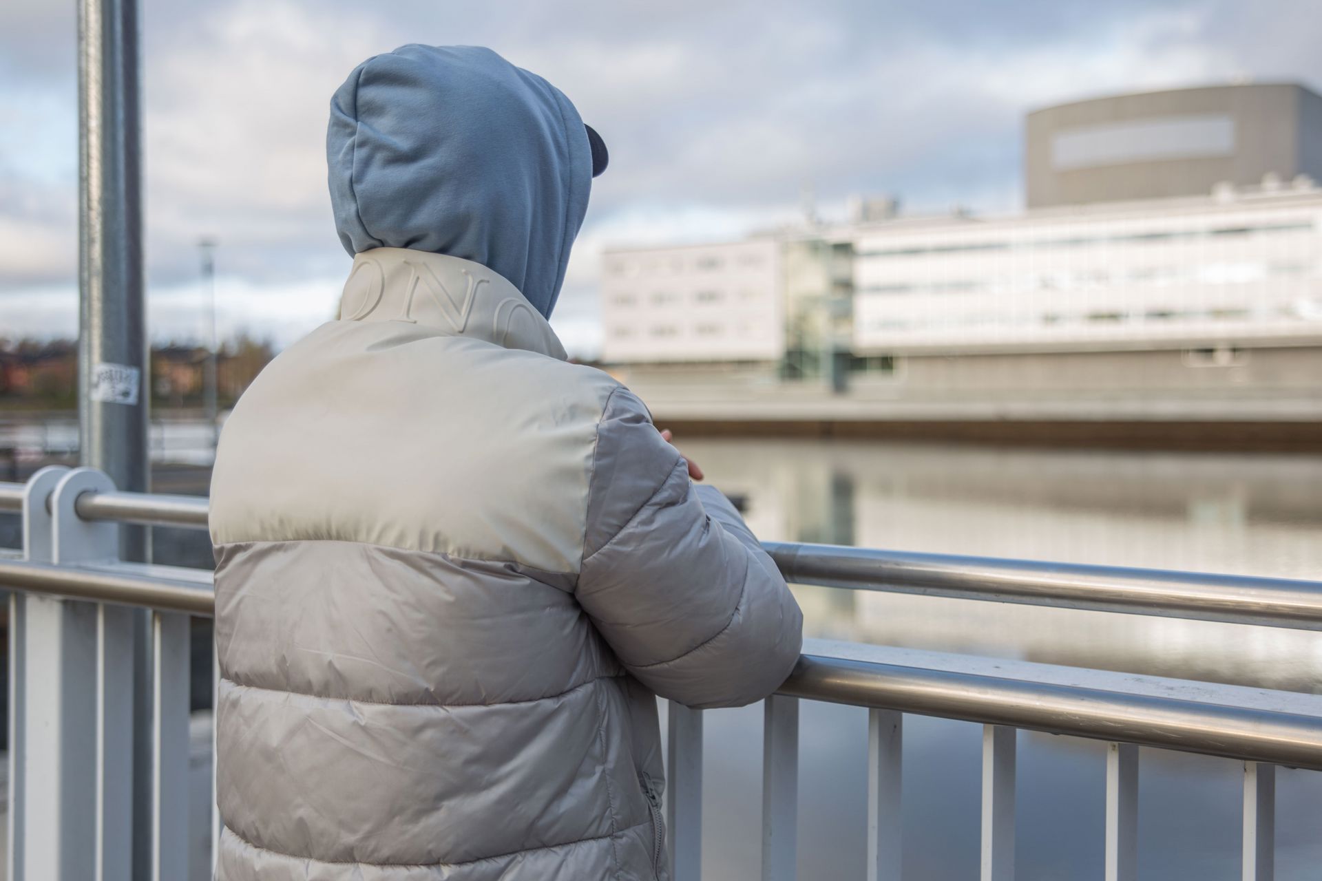 A person leaning on a bridge and looking at the scenery.