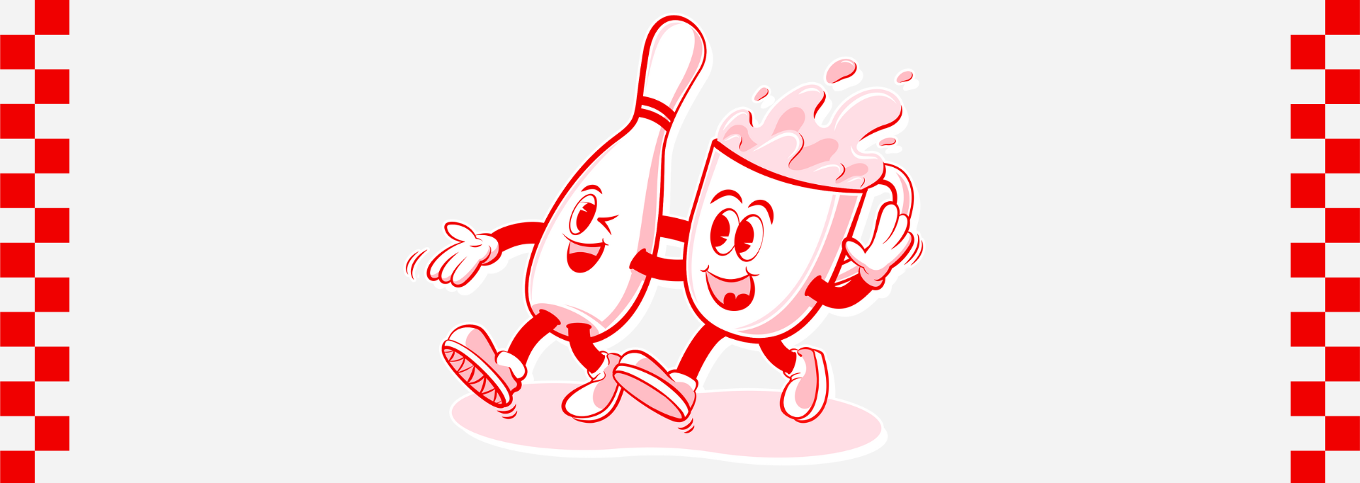 A cartoon bowling pin and a mug walk happily side by side, holding hands.