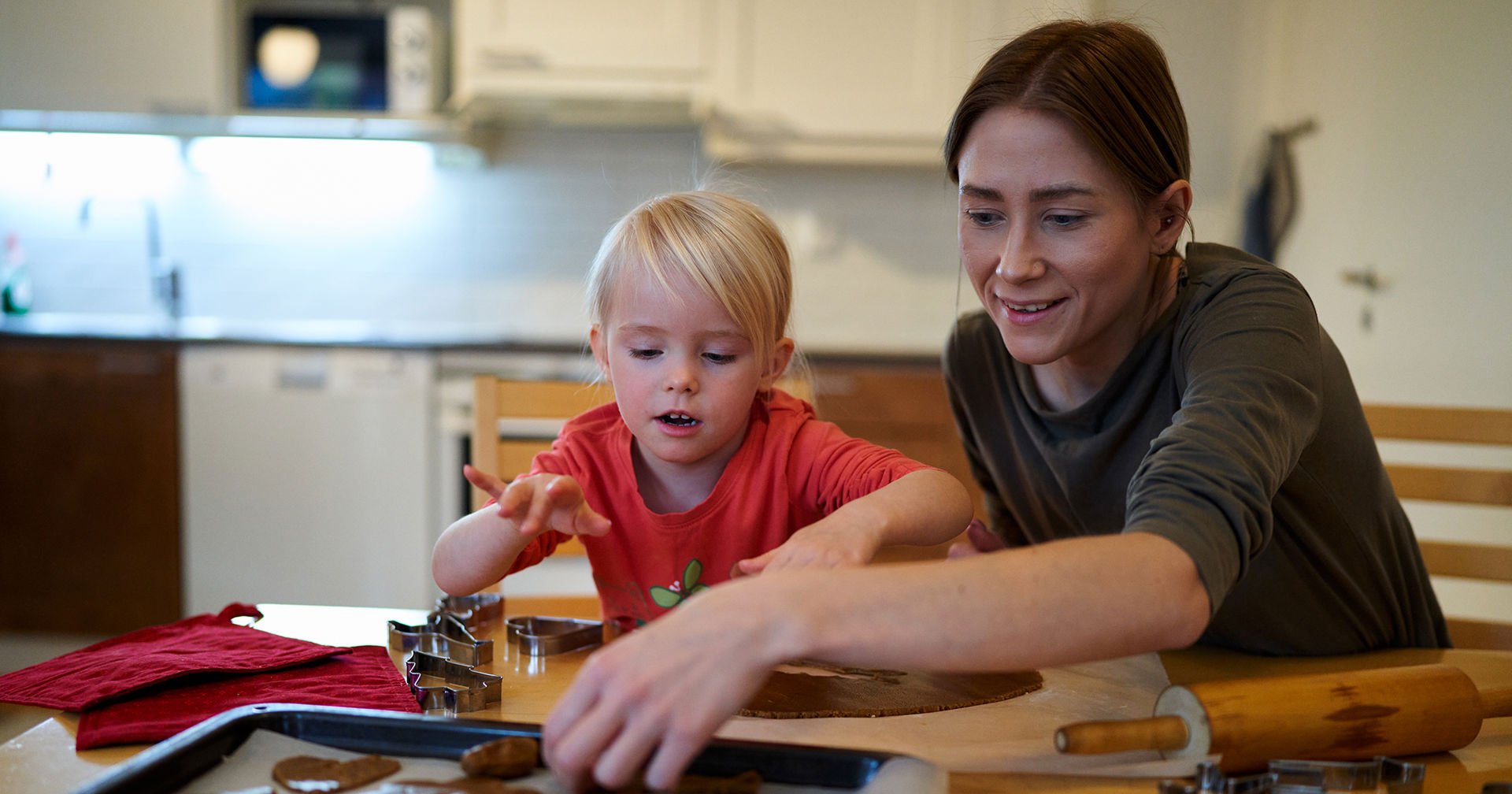 An adult and a child baking gingerbread.