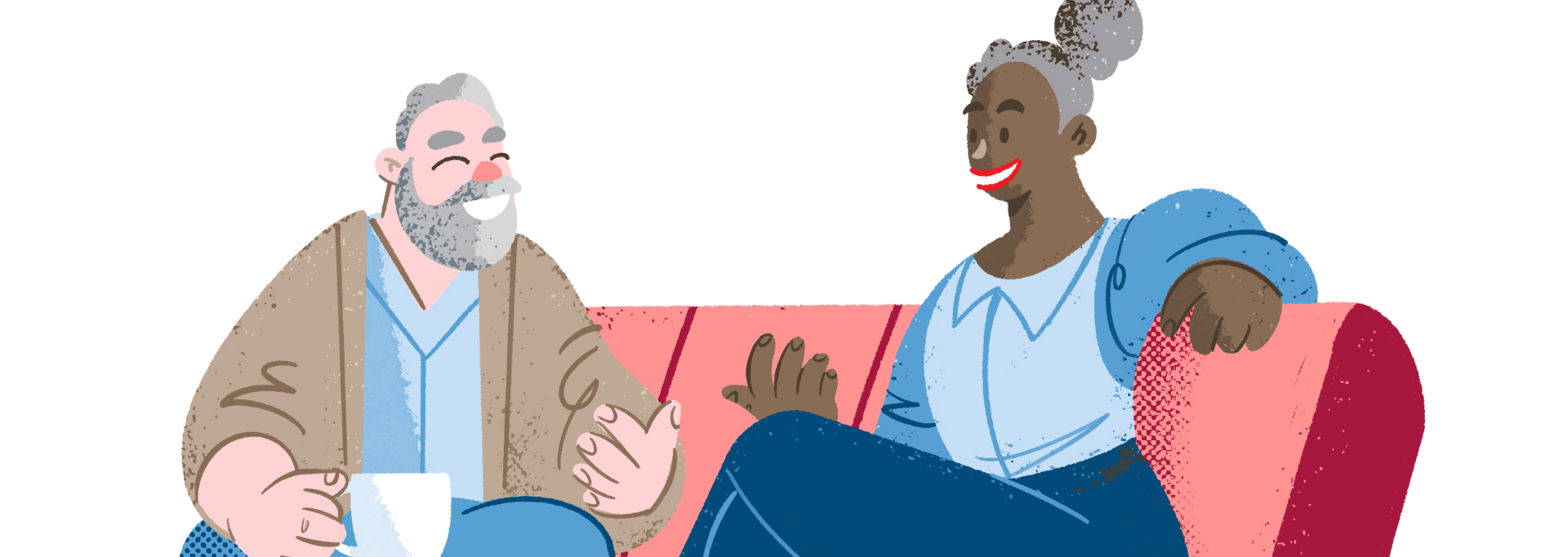 In the illustration, two smiling people are sitting and talking on a couch.