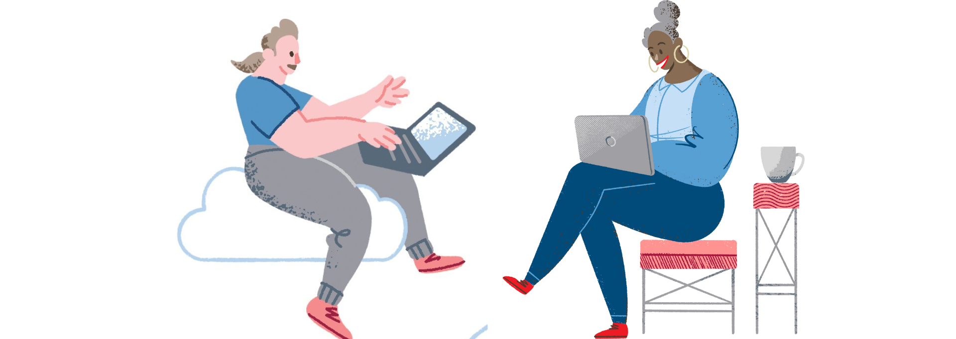 In the illustration, two people are sitting with laptops on their laps. The people are not in the same location.