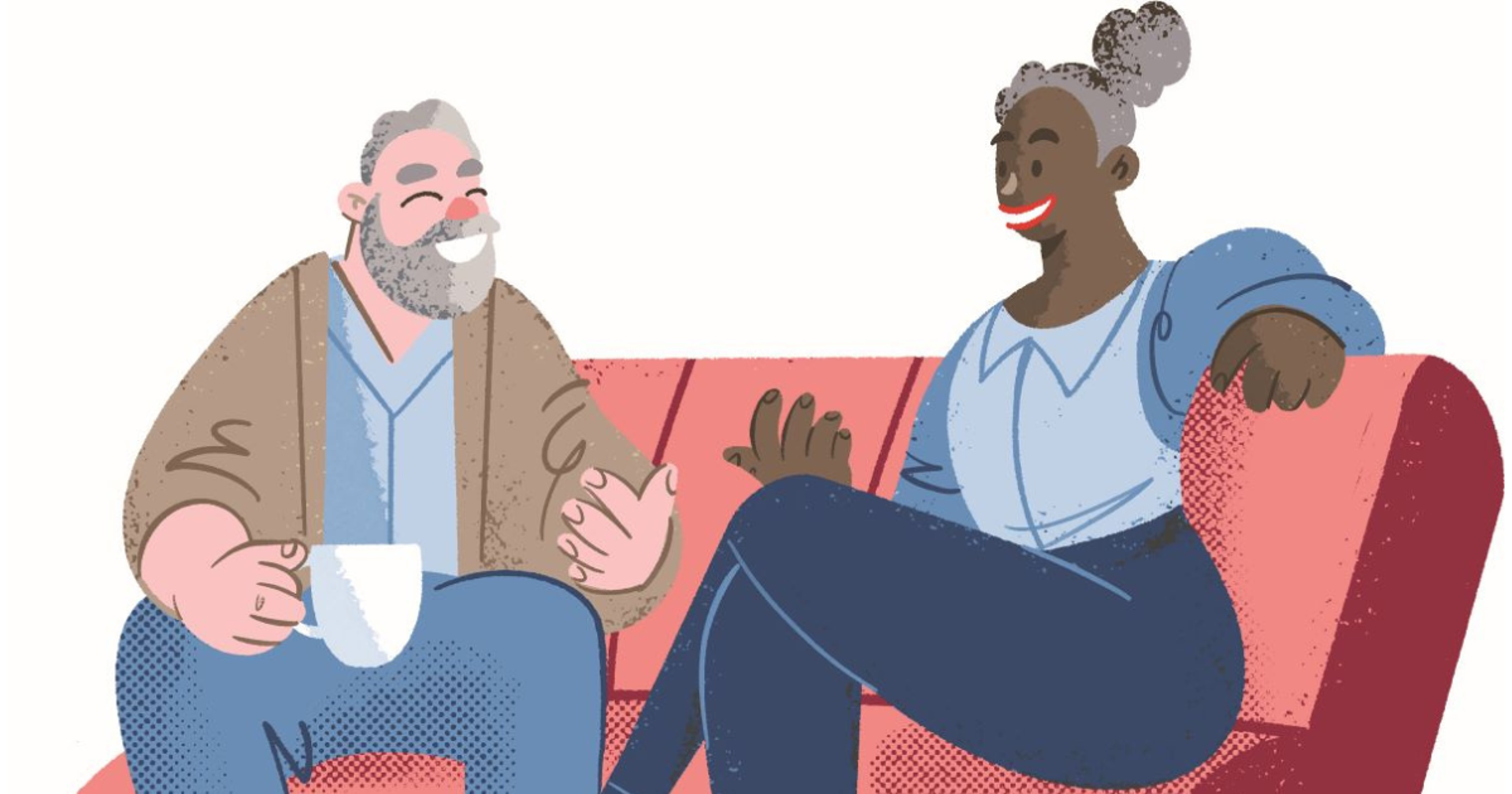 In the illustration, two smiling people are sitting on a sofa