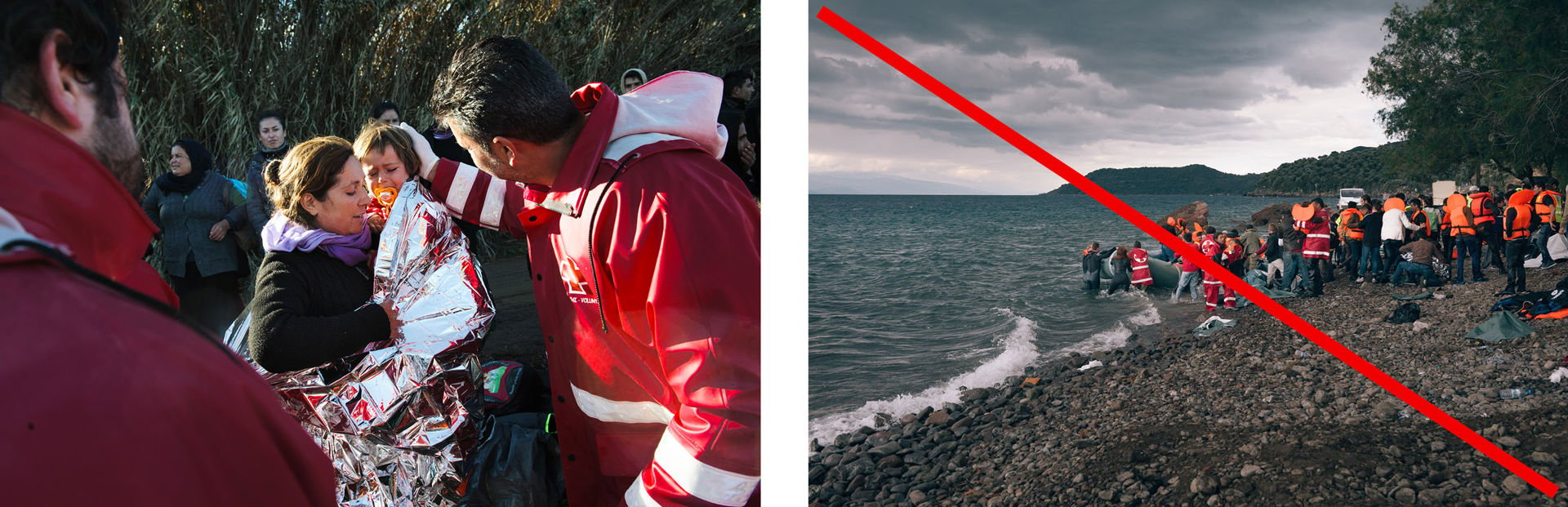 The first picture shows a mother with a crying child wrapped in a thermal blanket. A Red Cross volunteer standing next to them is comforting the child. In the second picture, there is an inflatable boat on a beach with a large group of migrants rescued from the sea and Red Cross volunteers helping them.