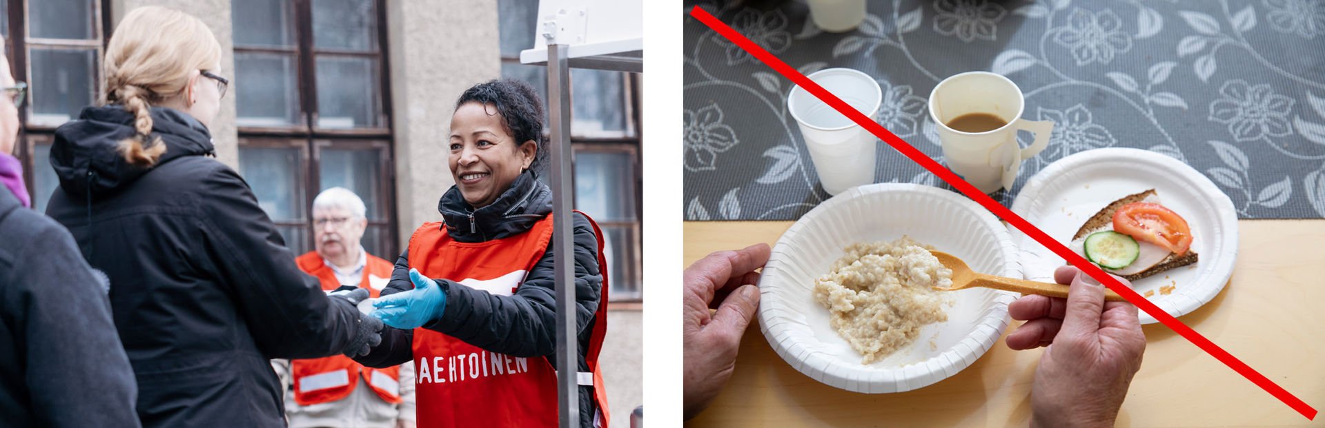 In the first picture, a smiling Red Cross volunteer is handing a soup bowl to an aid recipient next to a field kitchen. The second picture is a close-up of a hand holding a spoon, a plate of porridge, and some coffee and bread.