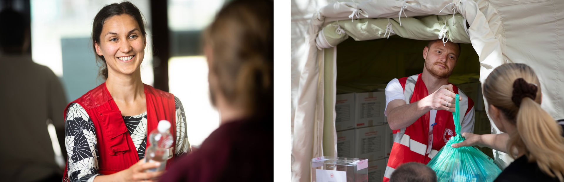 In the pictures, Red Cross volunteers help people by handing them a water bottle and a food bag.