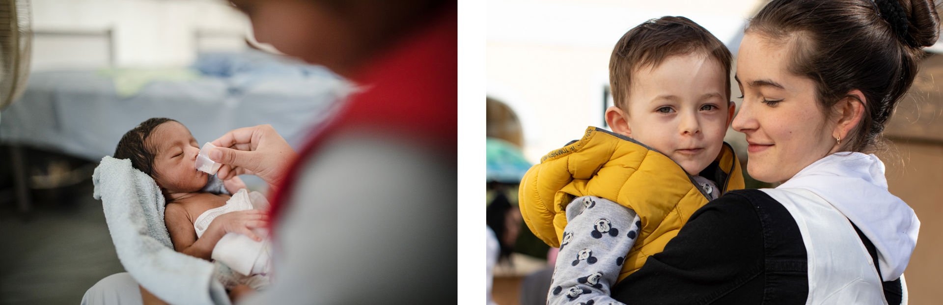 In the first picture, a Red Cross aid worker is feeding a newborn baby with a bottle. The second picture shows a smiling mother holding a young child in her arms.