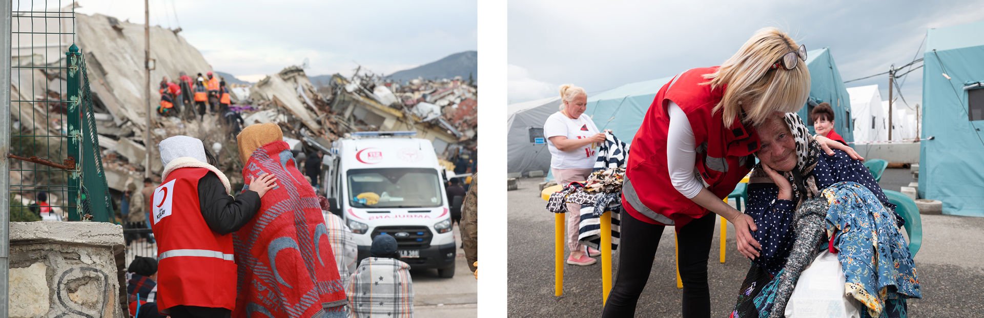 In the first picture, a Red Crescent volunteer is comforting an aid recipient amidst collapsed buildings in an area hit by an earthquake. In the second picture, a Red Crescent volunteer is hugging a smiling older person in an area with evacuation tents.