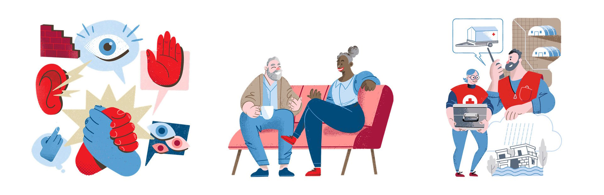 Graphic illustrations with different elements: an ear, an eye, hands, drawn characters talking on a sofa, a volunteer talking on a walkie-talkie and a volunteer carrying emergency response supplies.