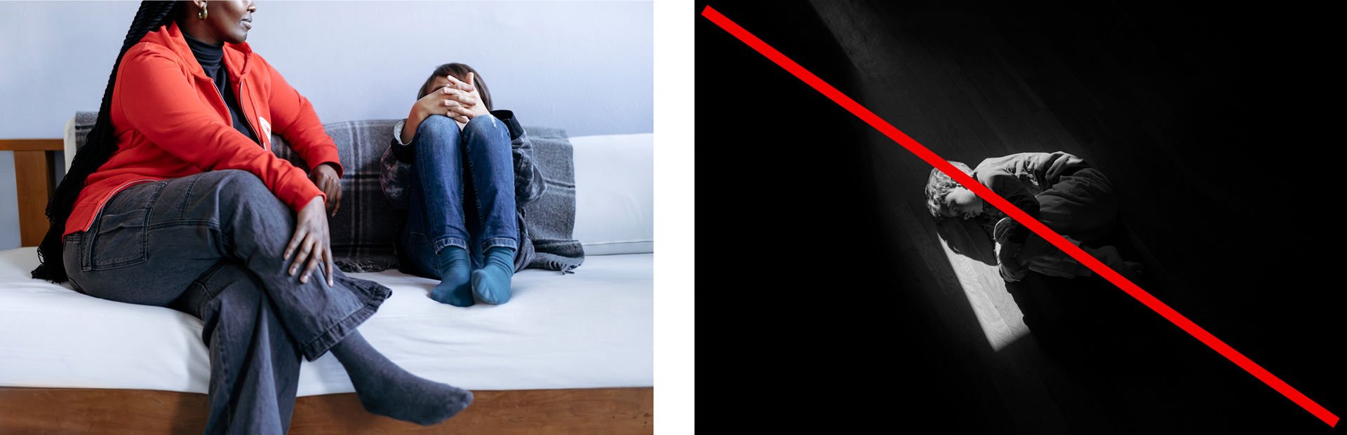 In the first picture, a Red Cross volunteer is talking to a child on the sofa. In the second picture, a child is lying alone on their side in a dark room.