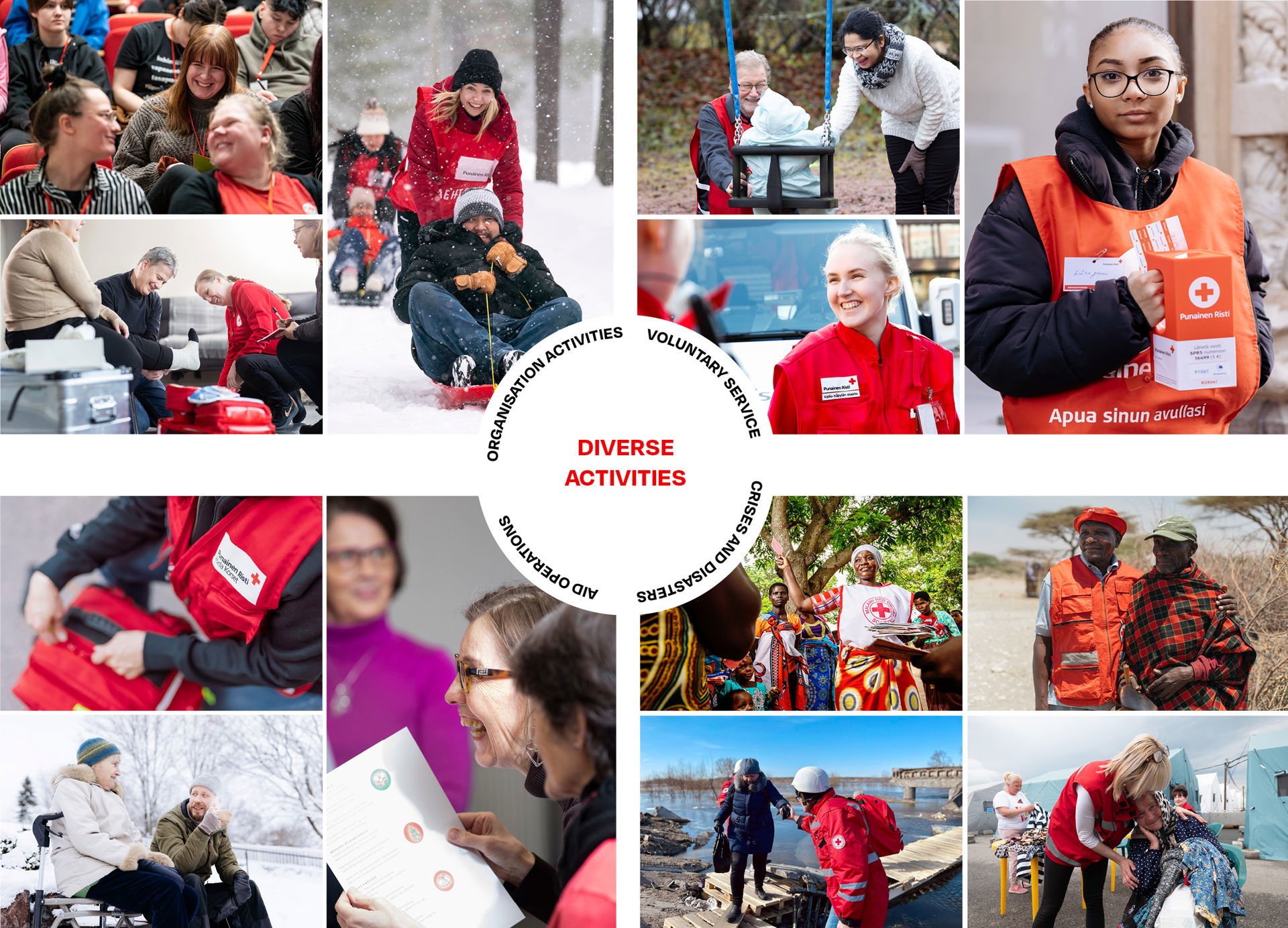 A collage of several pictures depicting Red Cross activities. In the middle of the picture it reads ‘Diverse activities, organisation activities, voluntary service, crises and disasters, aid operations’