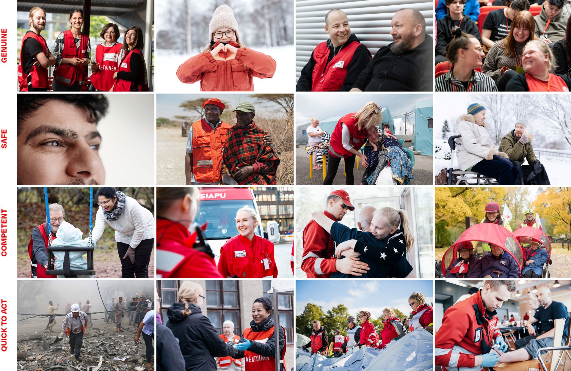 A collage of several pictures depicting Red Cross activities. The side of the picture reads ‘Genuine, safe, competent, quick to act’