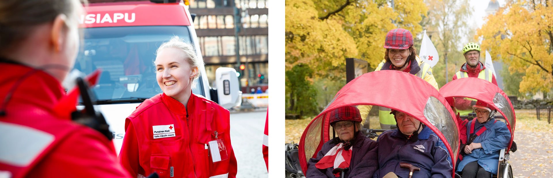 The first picture shows a smiling Red Cross volunteer outdoors. In the second picture, smiling Red Cross volunteers are taking older people on rickshaw rides.