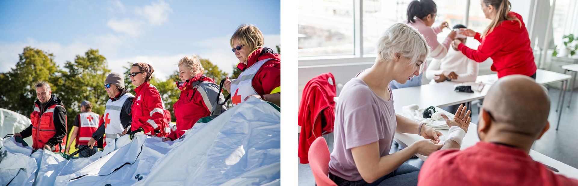 In the first picture, smiling people dressed in Red Cross uniforms are pitching a tent outdoors on a sunny day. In the second picture, five people are practising dressing a wound indoors.