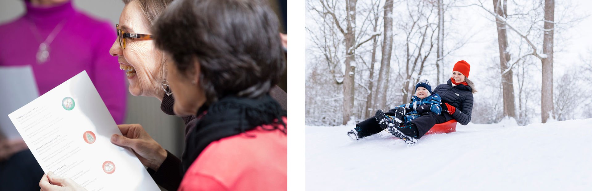 In the left picture, one person is holding a brochure and another person is laughing. In the right picture, a smiling mother and child are sledding in a winter landscape.