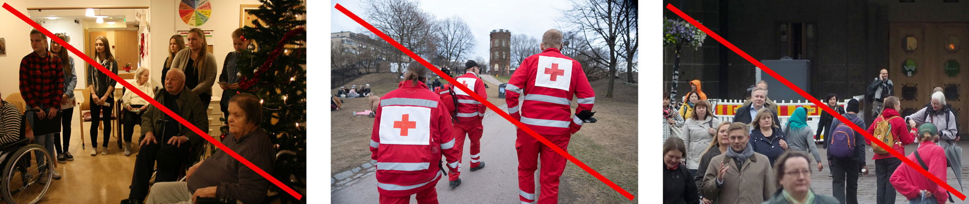 The first picture shows several serious-looking older people and volunteers in dim lighting. In the second photo, three Red Cross first aid volunteers are walking outdoors with their backs to the camera. In the third picture, a box collector is collecting funds for the Red Cross in a crowd.