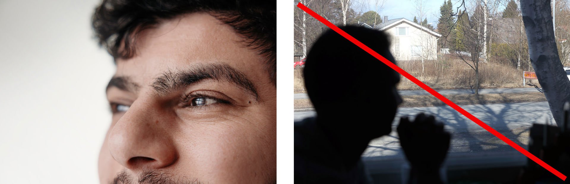 The first picture is a close-up of a person. The second picture is a silhouette of a human figure in front of a window.