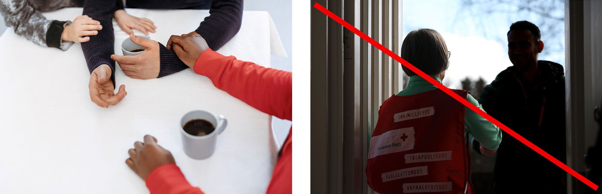 The first picture is a close-up of hands and coffee cups. There are two people comforting a third. In the second picture, a Red Cross volunteer and an aid recipient are standing in a doorway. No faces are visible in the picture.