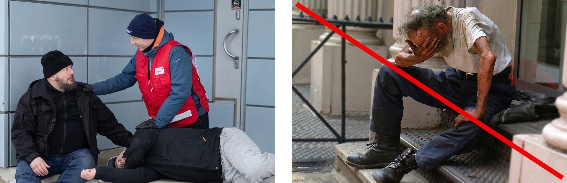 In the first picture, a Red Cross volunteer and a helper are next to a person in need of help lying on their side. In the second picture, a thin older person holds their face in their hands, looking mournful.